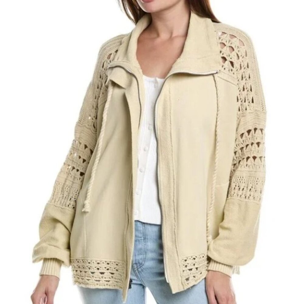 Free People Dune Bug Zip-Up Cotton Cardigan Sweatshirt, Tan | Size Medium